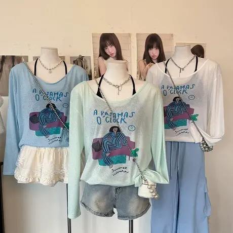 2025网纱防晒衣罩衫胖mm长袖t恤女2025夏季新薄款一字领宽松上衣商品大图