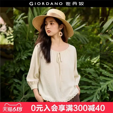 设计师款佐丹奴淡人穿搭女绑带圆领花边宽松七分袖衬衫女18345803图片