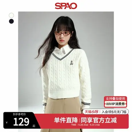 SPAO韩国同款2025年春新品小熊Woodie女士时尚V领毛衣SPKWF12G52商品大图