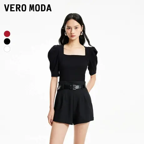 Vero Moda奥莱上衣女夏季新款甜美气质方领泡泡肩袖修身T恤短袖商品大图