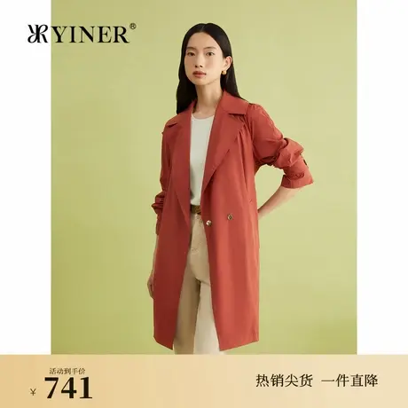 YINER音儿春季法式优雅焦糖色大翻领长款外套廓形风衣图片