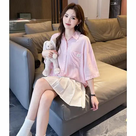 唐狮夏季新款女短袖衬衫粉色长款舒适法式衬衣T恤净色超好看官方商品大图