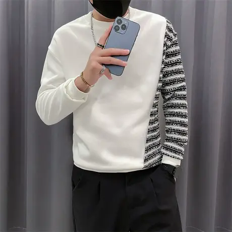 卫衣男秋季个性条纹拼接ins小众设计感长袖内搭T恤衫潮牌上衣体恤商品大图