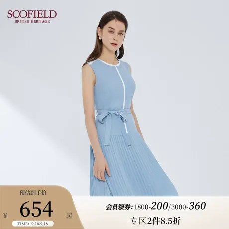 Scofield女装秋季新款通勤优雅气质无袖收腰百褶雪纺中长连衣裙图片