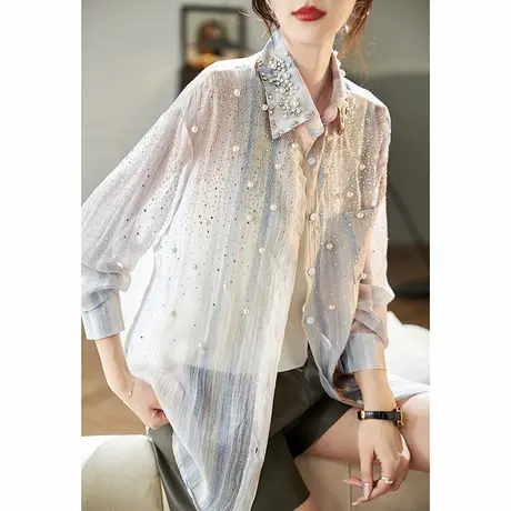 宝诗黎重工钉珠烫钻长袖衬衫2025春季宽松休闲条纹雪纺防晒上衣女商品大图