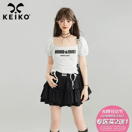 KEIKO 法式复古方领波点上衣25夏季新洋气抽褶显瘦泡泡袖短款t恤图片