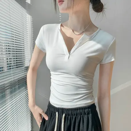 半开V领短袖T恤女2025春夏新款弹力修身显瘦纯色简约百搭别致上衣图片