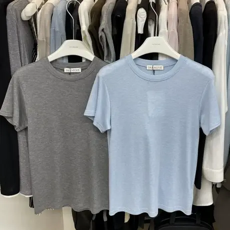 2025夏季新款简约气质纯色圆领显瘦羊毛天丝短袖T恤百搭上衣女潮图片