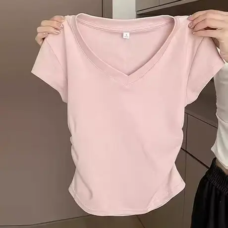 粉色少女感V领正肩短袖T恤女夏季韩版修身打底衫褶皱收腰短款上衣图片