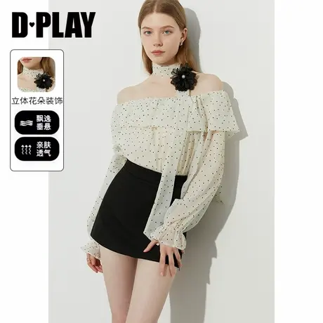 DPLAY2025年夏季新款白色衬衫女气质长袖法式波点露肩一字肩上衣商品大图