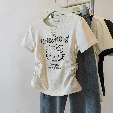 甜妹风彩虹波点圆领正肩褶皱收腰短袖t恤女2025夏季新款洋气上衣商品大图