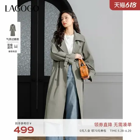 LAGOGO长款休闲气质风衣女拉谷谷2025年春季新款通勤灰色收腰外套商品大图