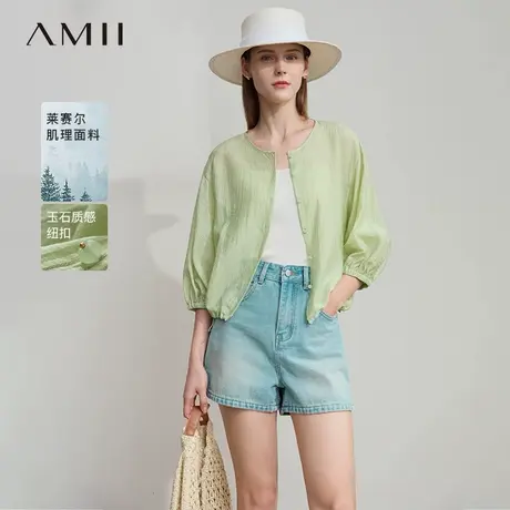 Amii2025夏新款通勤风圆领落肩袖七分袖莱赛尔肌理衬衫女宽松上衣图片