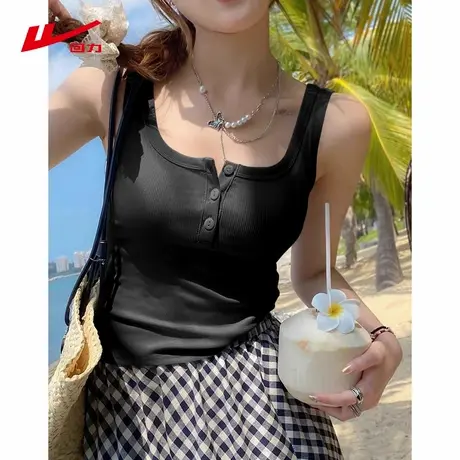 回力黑色u领吊带背心女夏季2025新款纽扣设计感短款无袖内搭上衣商品大图
