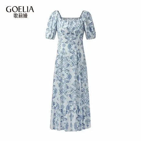 歌莉娅秋季新品蓝调笔触印花方领连衣裙1E7L4K900商品大图