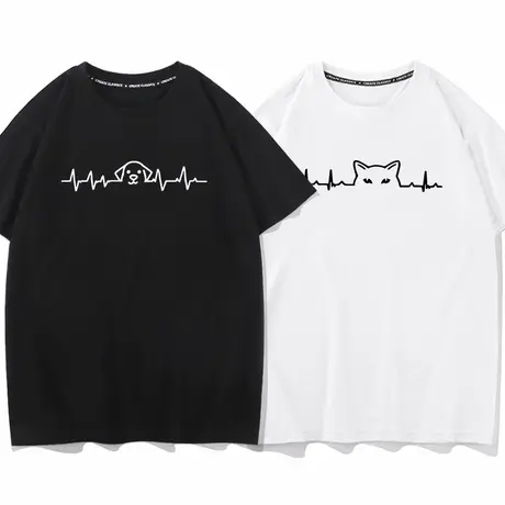 秀洛小狗小猫心动男女同款心电图情侣装夏季短袖T恤纯棉半袖衣服商品大图