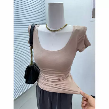 心动款～温柔气质大圆领短袖t恤女皱褶收腰修身体恤打底衫上衣夏图片