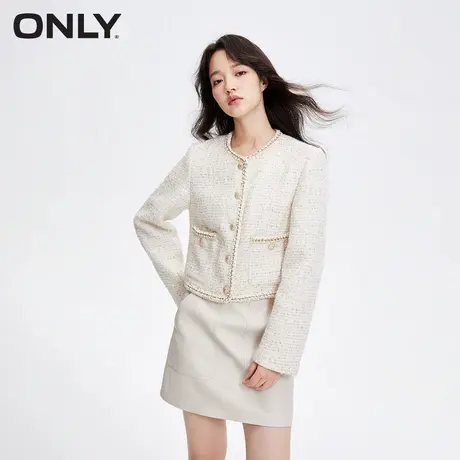 ONLY奥莱通勤风粗花呢金属纽扣圆领短款外套女图片