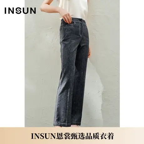 INSUN恩裳夏季凿石灰明线装饰亚麻微喇裤图片