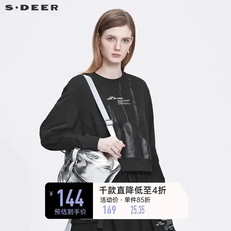 sdeer圣迪奥春装时尚圆领撞色宽松黑色套头卫衣女S22182201图片