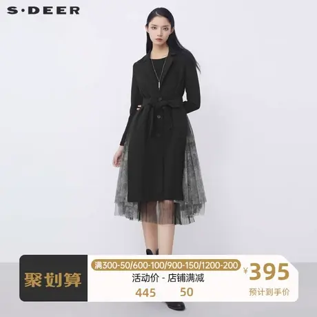 sdeer圣迪奥女装西装领单排扣收腰网纱拼接长款风衣S21381812图片