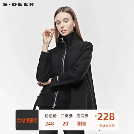 sdeer 圣迪奥女装高领不规则针织拼接飘带毛呢短款外套S19482223图片