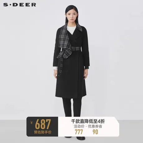 sdeer圣迪奥秋冬时尚翻领格纹拼接收腰毛呢大衣S21481846图片