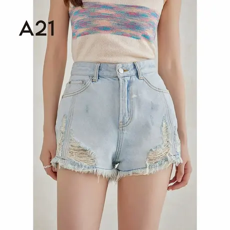A21女装宽松阔腿牛仔短裤夏季美式复古破洞三分裤商品大图