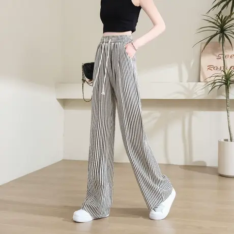 时尚气质休闲裤夏季新款女休闲高腰百搭条纹直筒宽松长裤商品大图