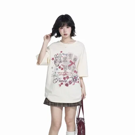 YEP潮牌韩系印花短袖t恤女春夏季新款复古奶黄色半袖宽松卡通上衣图片