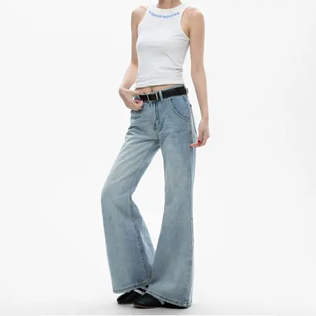 美式复古水洗阔腿喇叭牛仔裤女2025夏季新款宽松显瘦拖地休闲长裤商品大图