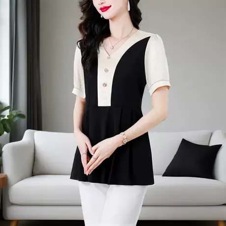 时尚撞色拼接V领短袖t恤女夏季2025新款大码胖mm遮肚子显瘦女上衣商品大图