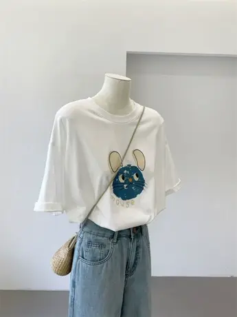 卡通印花宽松大版纯棉休闲短袖t恤女夏季韩版减龄学院风百搭上衣商品大图