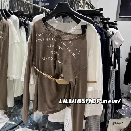 韩国东大门夏季新款时髦印花字母薄款防晒斜领露肩长袖T恤女上衣图片