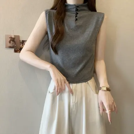 半高领无袖T恤女夏天修身显瘦外穿打底衫内搭短款纽扣上衣ins潮牌商品大图