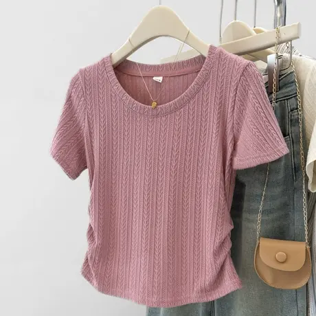 粉色圆领正肩短袖T恤女夏季修身韩版短款褶皱肌理感掐腰半袖上衣商品大图