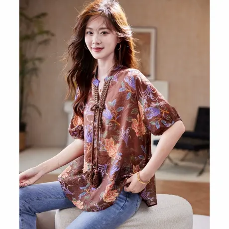 宝诗黎【新品价158元】V领钉钻印花衬衫CG2019商品大图