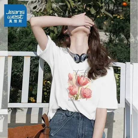 NOB真维斯白色纯棉短袖t恤女2025新款夏大码半袖宽松休闲正肩上衣商品大图