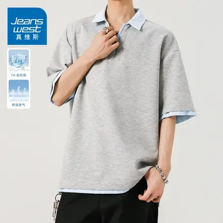 KZH真维斯港风短袖Polo衫男夏季新款宽松打底衫假两件V领休闲上衣图片