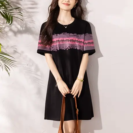 连衣裙女短袖夏季新款大码女装宽松中年妈妈气质休闲遮肚印花裙子商品大图