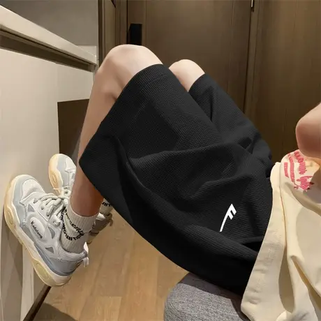 回力黑色运动短裤女2025新款夏季宽松显瘦休闲直筒华夫格三分裤子商品大图