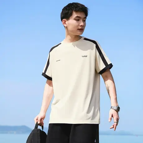 唐狮夏季新款男短袖T恤拼接宽松圆领上衣插肩袖短t潮流内搭男官方图片