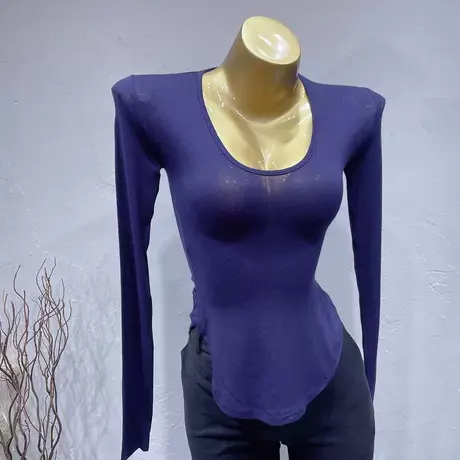 巨显身材~性感显胸大U领长袖t恤女2021秋季新款修身内搭打底衫薄商品大图