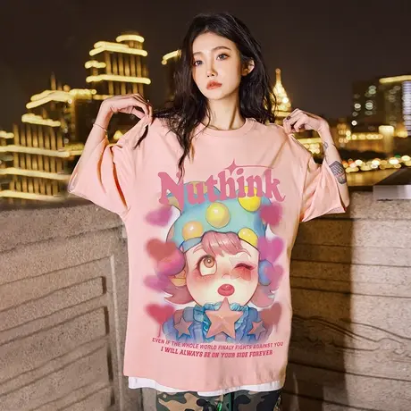 Nuthink粉色卡通直喷小丑t恤男短袖潮牌宽松夏日多巴胺穿搭半袖女图片