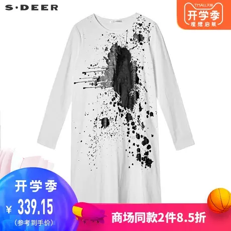 sdeer圣迪奥女时尚休闲圆领泼墨印花弧形下摆长款T恤S19380233📶商品大图