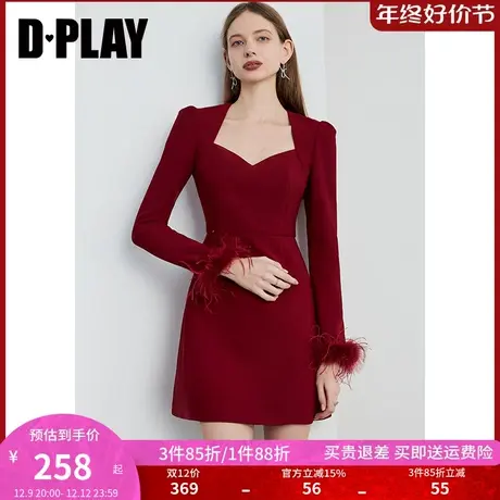 DPLAY春复古风方领红色袖口可拆卸羽毛美背礼服裙连衣裙图片