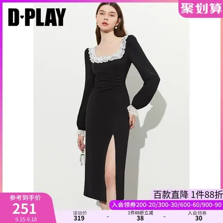 DPLAY2023秋装新经典黑优雅撞色蕾丝花边U型领抽褶侧开衩连衣裙图片