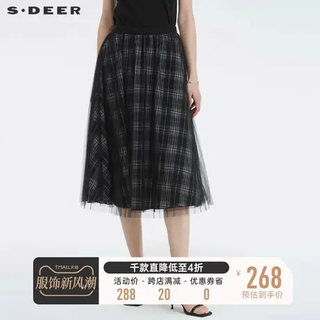 sdeer圣迪奥女秋装松紧撞色格纹网纱拼接A字长裙S221Z1109商品大图