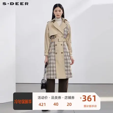 sdeer圣迪奥女装英伦风格纹翻领收腰双排扣长款风衣S21361802🔖商品大图