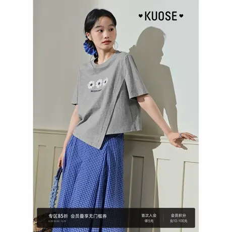 阔色灰色小雏菊字母印花T恤女2025夏季新款不规则设计感上衣短款图片